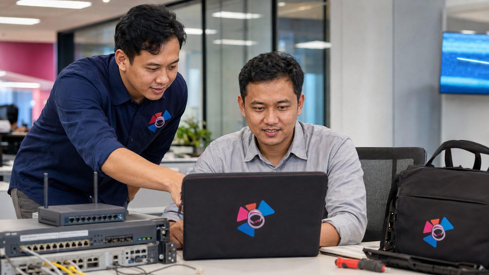 Dua kolega SKB berdiskusi menggunakan laptop di ruang kerja terbuka.