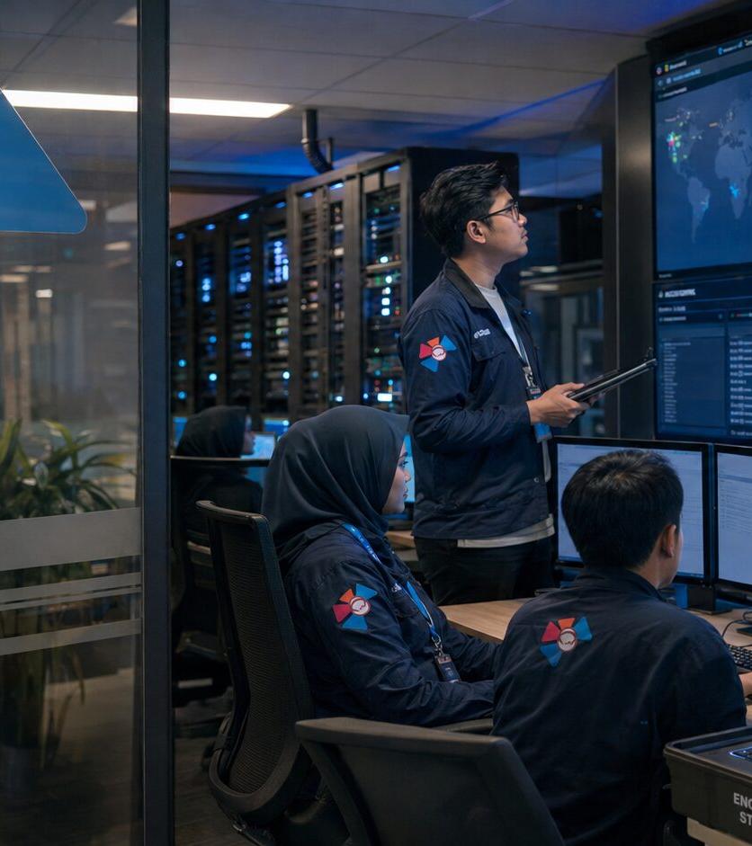 Tim teknis SKB memeriksa rak server di ruang data center SKB-DC02.
